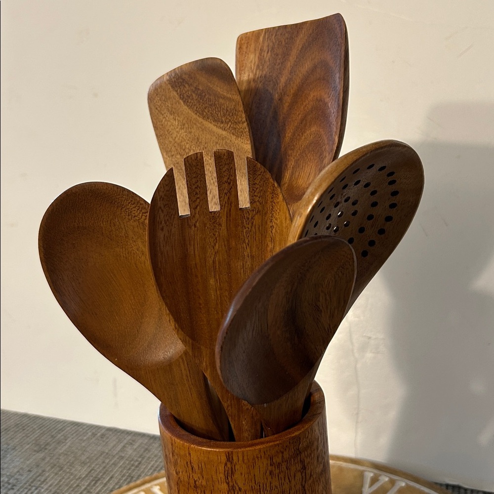 Wooden Utensil Set with Holder 6 pcs spoon spatula fork piece (salad server?) - Picture 4 of 13